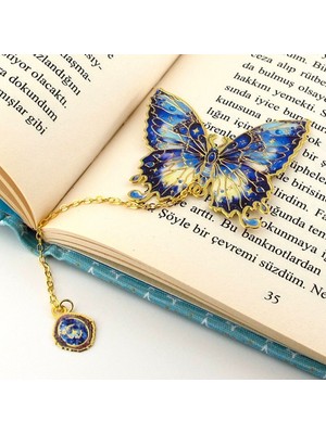 Lacivert Gecetonları Kelebek Altın Rengi Metal Kitap Ayracı Zincirli AY003