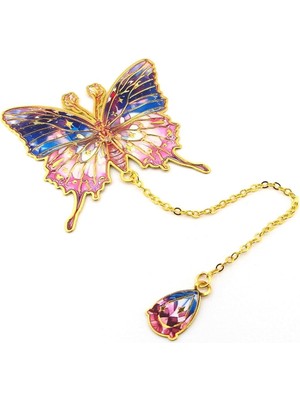 Pembe Mavi Renkler Kelebek Altın Rengi Metal Kitap Ayracı Zincirli AY001