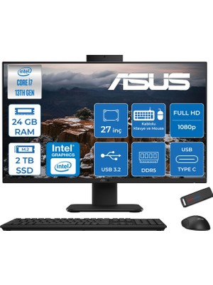 Asus V470VAK Intel Core I7-13620H 24GB Ddr5 2tb SSD 27'' Fhd 100Hz 300NITS Freedos  Siyah Allınone Bilgisayar ASI716512B0DFF09+ZETTAUSBBELLEK