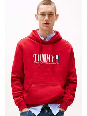Erkek Regular Fit Kapüşonlu Grafik Logolu Sweatshirt - Kırmızı