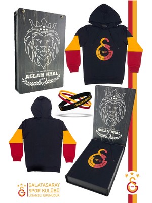Galatasaray Orijinal Lisanslı Logo Siyah Kapüşonlu Çocuk Sweat Bileklik Set Hediyelik Ahşap Kutulu