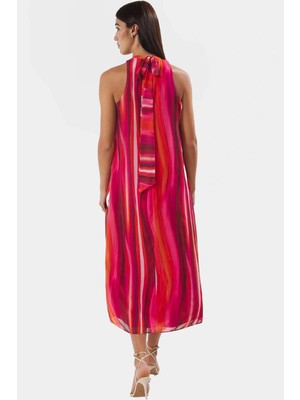 Polyester Şifon Maxi Elbise Dik Yaka Kolsuz Soyut Desen Boy Relaxed Fit Mükemmel Uyum