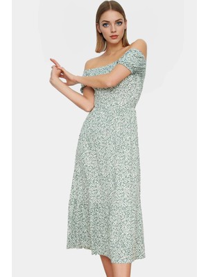 Çiçekli Örme Midi Elbise Kadın Yazlık Kısa Kollu Carmen Yaka Günlük Yüksek Kalite Modern Stil