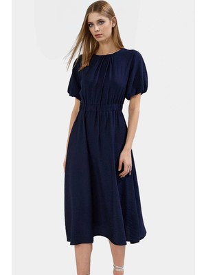 Şık Polyester Midi Elbise A Line Kesim Keten Görünümlü Dokuma Trend Tasarım