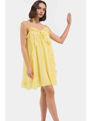 Kolsuz Mini Elbise Fırfırlı Polyester Dokuma Yazlık Düz Kesim Kaliteli Işçilik