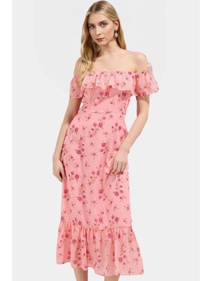 Dokuma Polyester Midi Elbise Belden Açılan Etek Çiçek Desenli Carmen Yaka Günlük Kullanım Için