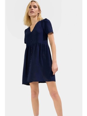 Kısa Kollu Mini Elbise A Line Kesim V Yaka Aerobin Kumaş Yazlık Mükemmel Uyum