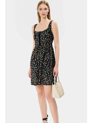 Dokuma Viskoz Mini Elbise Çiçek Desenli Skater Rahat Yazlık Seçkin Malzeme