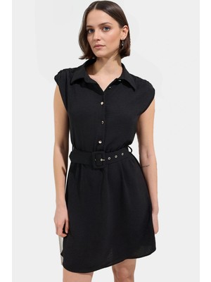 Dokuma Polyester Elbise A Kesim Kemer Detayı Mini Boy Şık Günlük Kaliteli Işçilik