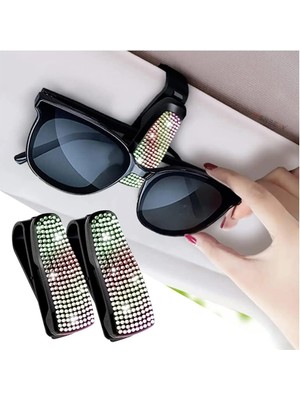 Araç Içi Gözlük Tutucu Klipli Gözlük ve Kart Tutucu Kristal Taşlı, Işıltılı Araç Içi Organizer