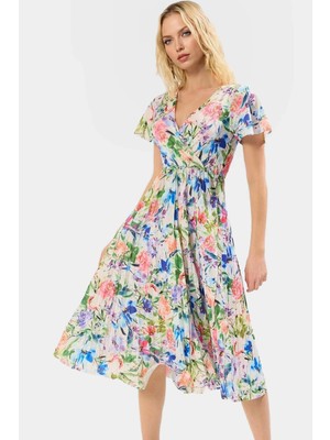 Çiçekli Desenli Midi Boy Piliseli Elbise 95% Polyester Rahat Günlük Stil Yüksek Kalite