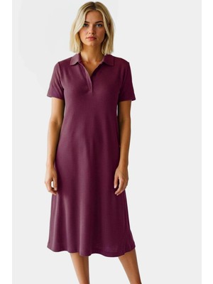 Kadın Örme Kısa Kollu Polo Yaka Midi Elbise Rahat Yazlık Günlük Stil Dayanıklı Malzeme
