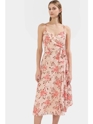 Şifon Astarlı Midi Elbise V Yaka A Line Desenli Yazlık Özel Tasarım Trend Şık Görünüm