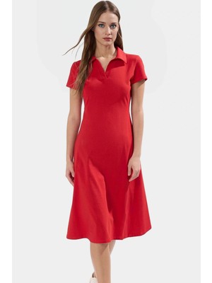Kadın Polo Yaka Örme Midi Elbise Pamuklu Rahat Günlük Seçkin Malzeme Kullanım