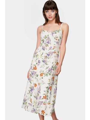 A Line Midi Boy Kolsuz Çiçek Desenli Polyester Elbise Rahat Yazlık Profesyonel Görünüm