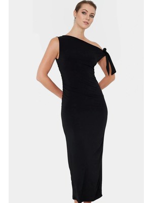 Maxi Örme Elbise Tek Omuzlu Asimetrik Yaka Şık Tasarım Modern Stil Kaliteli Işçilik
