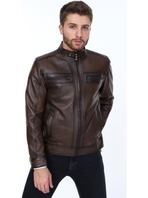 Deri Work Hakiki Deri Kahverengi Florida Fermuarlı Erkek Deri Ceket