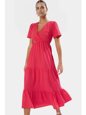 Maxi Dokuma Elbise V Yaka Skater Kalıp Günlük Yazlık Kıyafet Kaliteli Işçilik Modern Stil