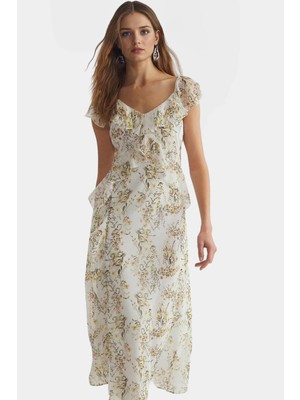 Maxi Şifon Elbise A Line Kalıp V Yaka Çiçek Desenli Yazlık Konforlu Kesim Modern Stil