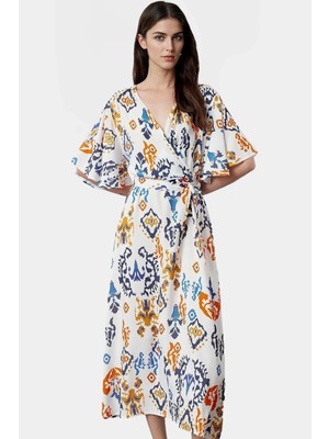 Yazlık Çok Etnik Desenli A Line Midi Elbise Şık Kuşak Detayı ile Konforlu Kesim