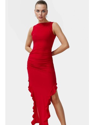 Maxi Elbise Örme Kumaş Kayık Yaka Fırfır Detaylı Şık Yazlık Seçkin Malzeme Zarifane Tasarım