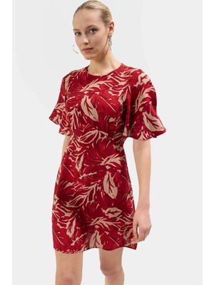 Tropikal Çiçekli A Kesim Viskon Mini Elbise Yazlık Günlük Kaliteli Işçilik Profesyonel Görünüm