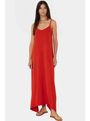 Maxi Dokuma Elbise V Yaka Shift Kalıp Polyester Yazlık Rahat Konforlu Kesim Seçkin Malzeme