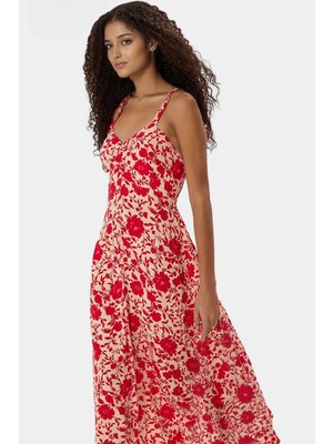 Yazlık Midi Boy V Yaka Çiçekli Elbise  Viskoz Dokuma Kumaş Rahat Günlük Stil Yüksek Kalite