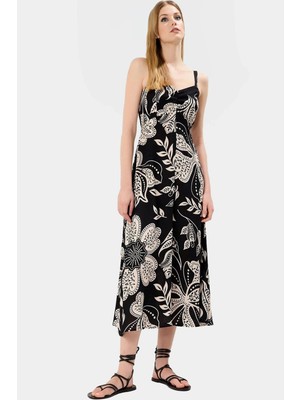 Yazlık Midi Boy V Yaka Çiçekli Elbise  Viskoz Dokuma Kumaş Rahat Günlük Stil Yüksek Kalite