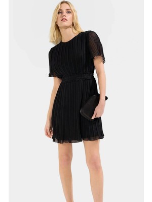 Zarif Piliseli Mini Şifon Elbise Kısa Kollu Bisiklet Yaka Yazlık Günlük Dayanıklı Malzeme