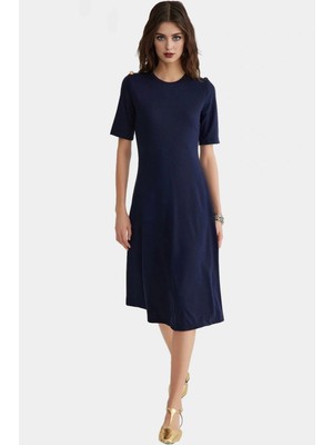 A Line Midi Örme Elbise Bisiklet Yaka Truvakar Kol Günlük Stil Özel Tasarım Şık Görünüm