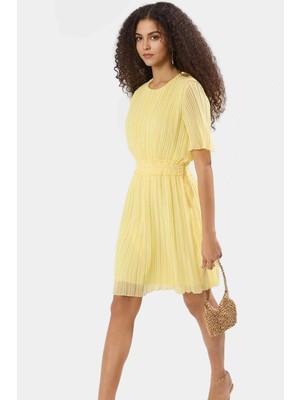 Zarif Piliseli Mini Şifon Elbise Kısa Kollu Bisiklet Yaka Yazlık Günlük Dayanıklı Malzeme