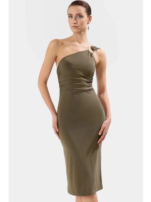 Şık Tek Omuz Midi Elbise 96% Polyester 4% Elastan Kumaştan Profesyonel Görünüm Dayanıklı Malzeme