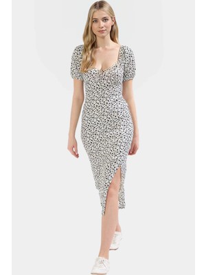 Midi Boy Örme Elbise Kare Yaka Balon Kol Bodycon Kalıp Profesyonel Görünüm Trend Tasarım