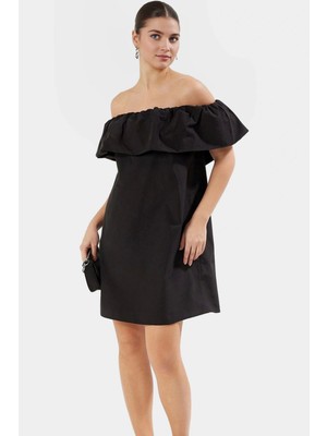 Mini Elbise Geniş Kesim Carmen Yaka Pamuk Yazlık Rahat Özenle Seçilmiş
