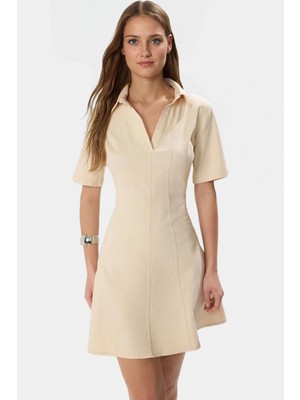 Gabardin Kumaş Mini Elbise Belden Açılan Dikiş Detayı Günlük Stil Premium Kalite