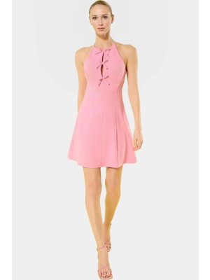 Yazlık Fiyonklu Mini Elbise Dokuma Kumaş Skater Kalıp Profesyonel Görünüm Günlük Kullanım Için