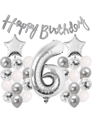 Papatya Party Gümüş Renk 6 Yaş Doğum Günü Seti Yıldız Folyo-Rakam Folyo-Banner