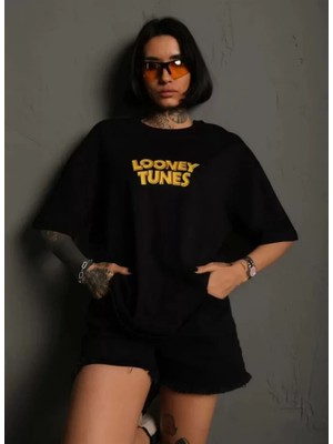 Tiana Unisex Bisiklet Yaka Baskılı Oversize T-Shirt - Siyah