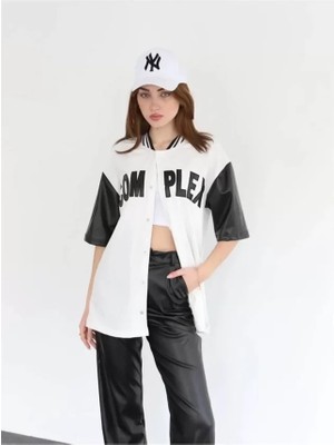 Tiana Complex Kolları Deri Kolej Oversize T-Shirt - Beyaz