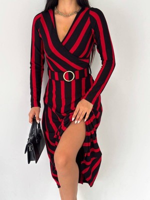 Tiana Kadın Akrilik Kumaş Kruvaze Yaka Kemerli Uzun Kollu Çizgili Midi Boy Elbise