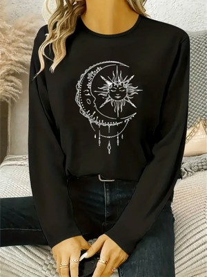 Tiana Kadın Uzun Kollu Bisiklet Yaka Ay Baskılı Viskon Bluz