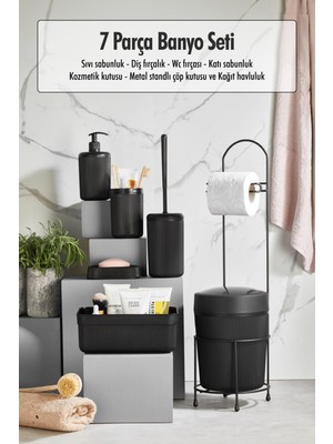 7 Parça Siyah Banyo Seti Metal Stantlı Kovalı Wc Kağıtlık Kozmetik Kutusu Diş Fırçalık ve Sabunlukla