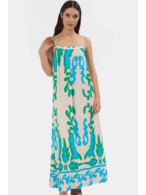 Tropikal Desenli Maxi Viskoz Elbise Rahat Günlük Yazlık Stil Trend Tasarım Özenle Seçilmiş