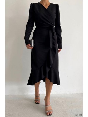 Tiana Krep Kumaş Midi Boy Kuşaklı Uzunkol Elbise 113 cm