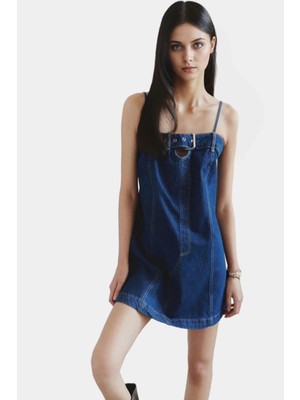 Yazlık Denim Mini Elbise A Line Kalıp Straplez Yaka Metal Toka Özenle Seçilmiş