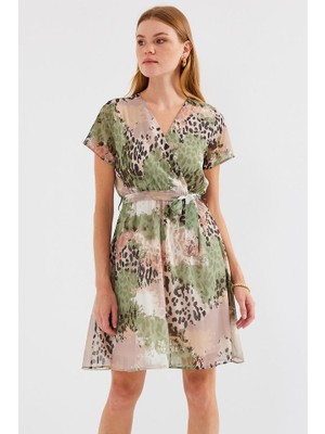 Tiana 2502 Kısa Kol Desenli Şifon Elbise - Çağla