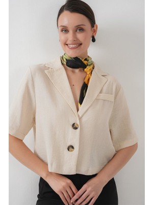 Tiana 0706 Crop Keten Ceket - M. Krem