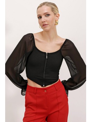 Tiana Siyah Şifon Önü Fermuarlı Bluz 0496