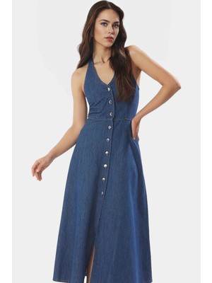 Maxi Denim Elbise Halter Yaka Volanlı Pamuk Günlük Şık Rahat Kullanım Profesyonel Görünüm